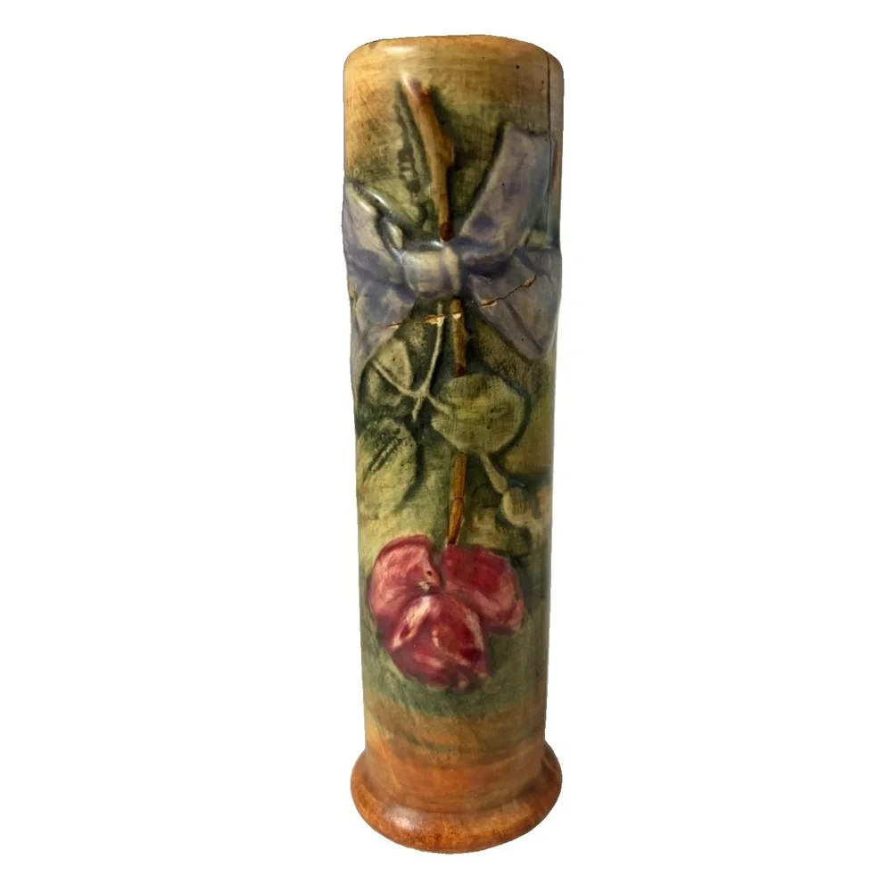 Vintage Ceramic Bud Vase Hand Painted Raised Flowers Blue Bow 6.5